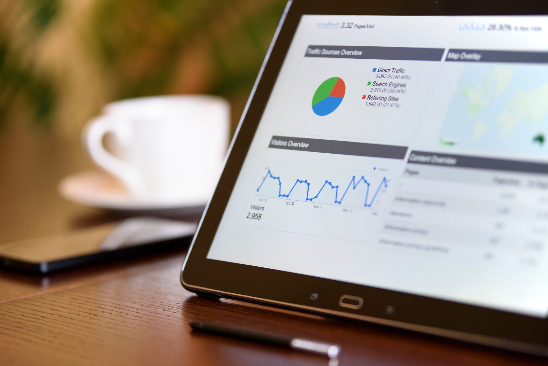 Tablet displaying a web analytics dashboard with traffic charts and search engine data for monthly SEO reporting