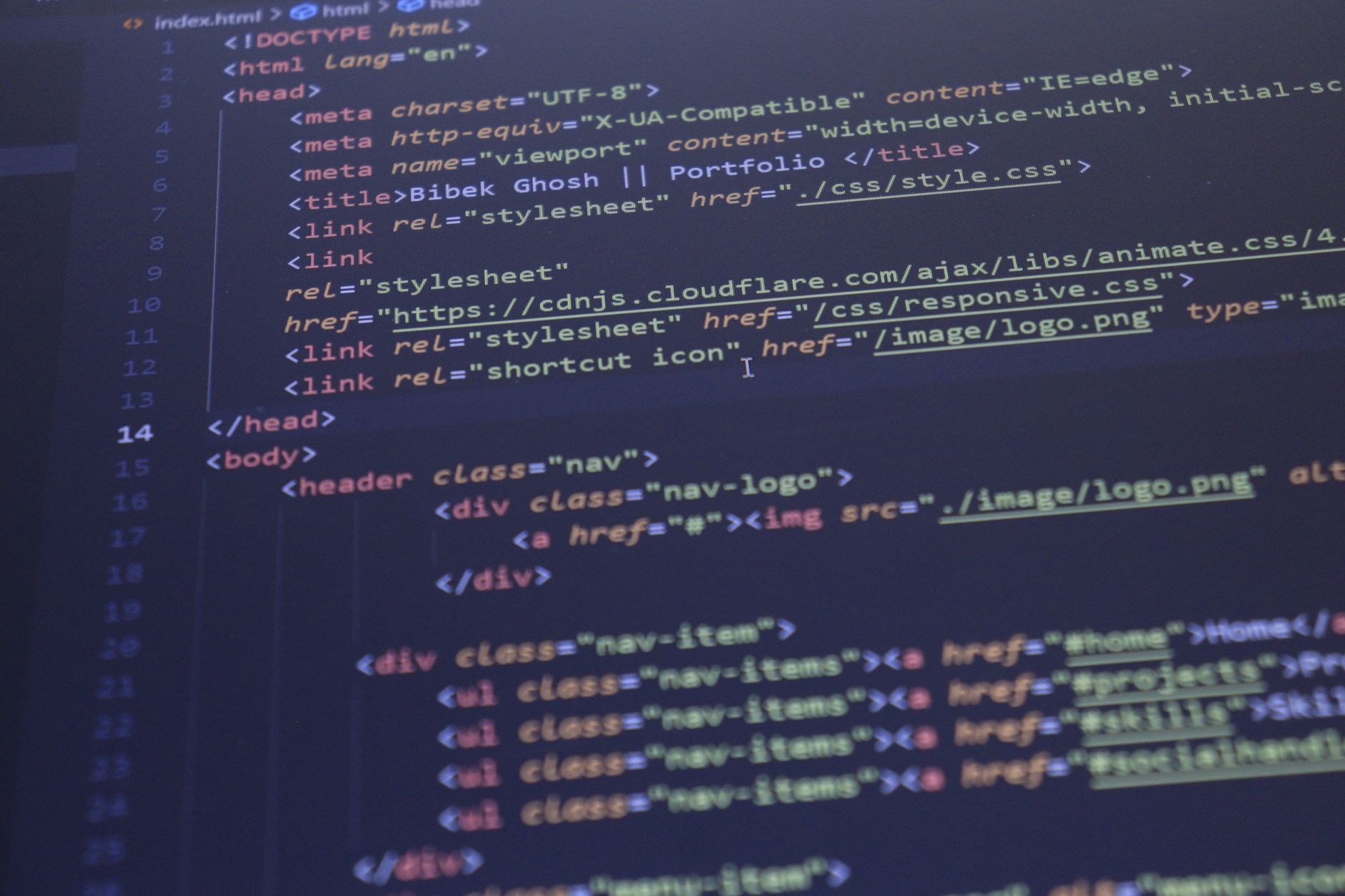 HTML and CSS source code on a dark computer screen — WordPress page speed and technical optimization