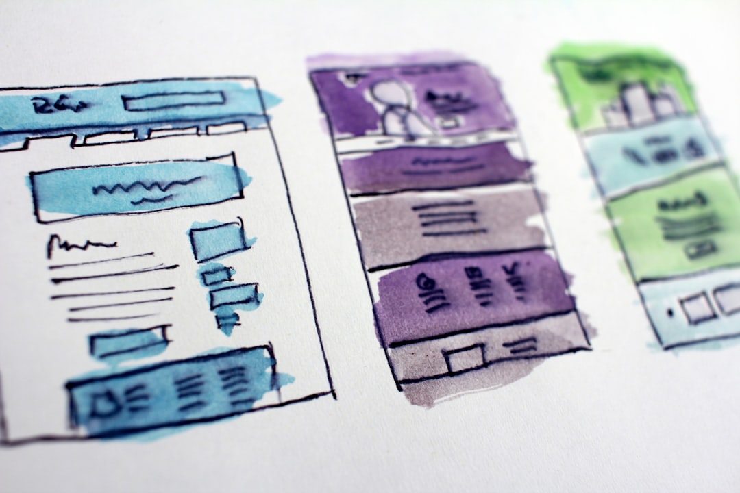 Watercolor wireframe sketches of website layouts, illustrating internal link structure and site planning