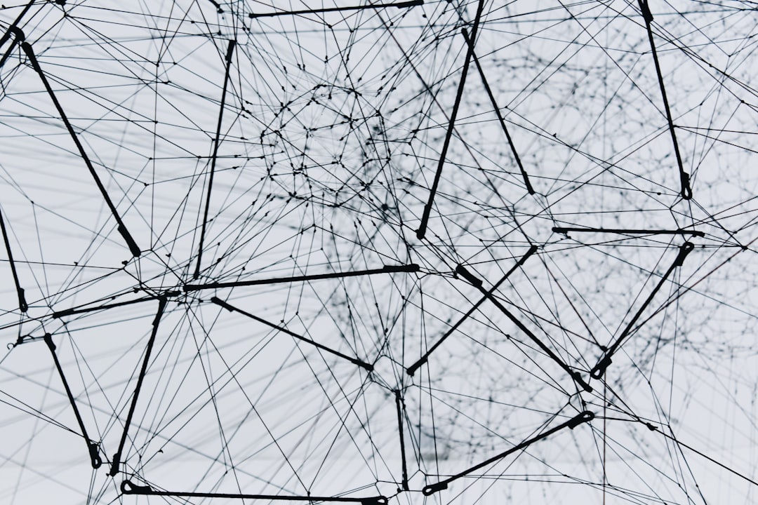 Interconnected network of nodes and lines illustrating website internal linking structure and site architecture