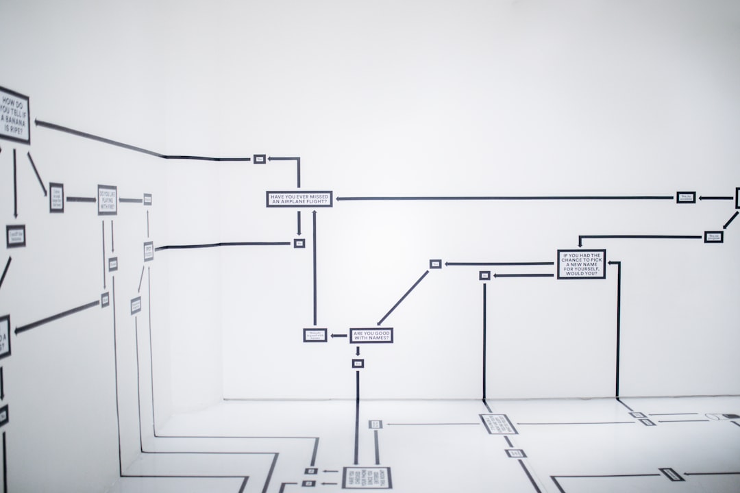 A black and white flowchart diagram showing connected nodes and arrows representing internal linking and website structure