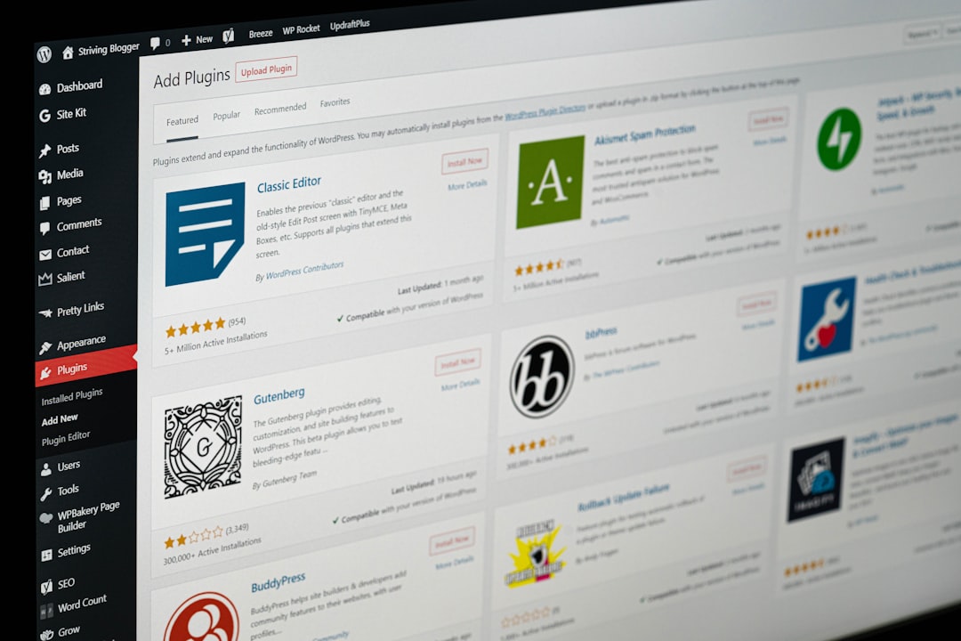 WordPress Add Plugins admin screen showing multiple plugin options — illustrating the risk of running too many overlapping SEO plugins