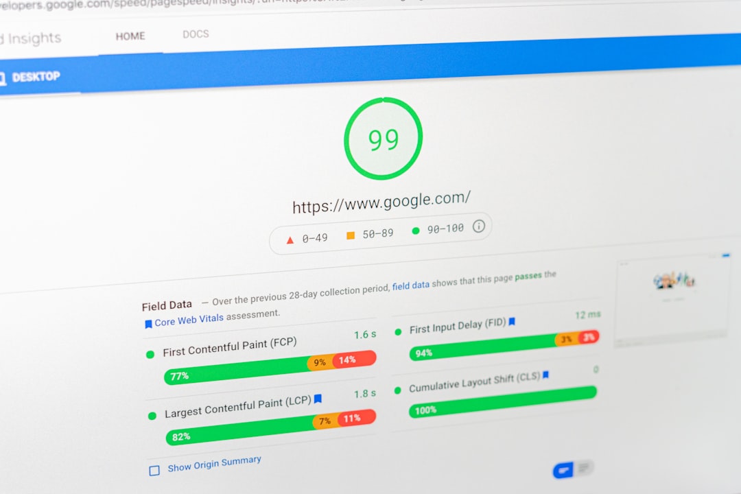 Google PageSpeed Insights showing Core Web Vitals metrics including LCP, FID, and CLS scores. Photo by Unsplash.