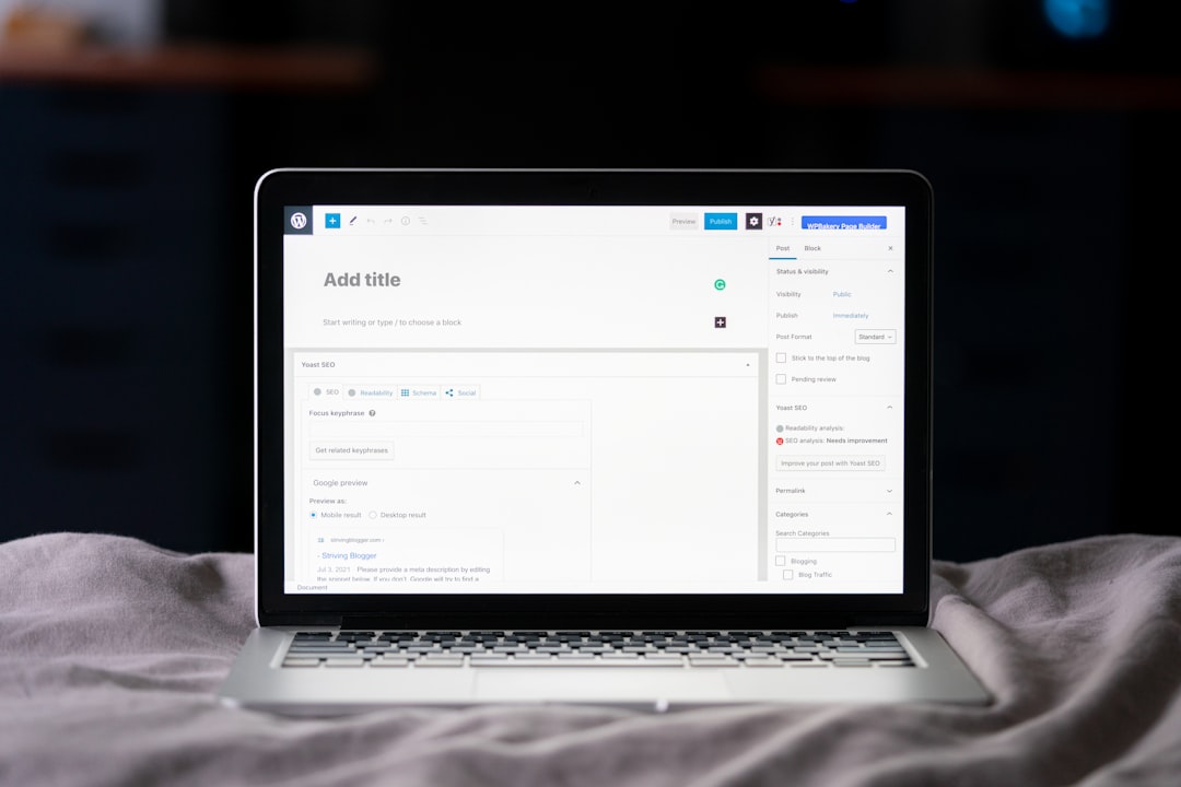 WordPress Add New Post admin screen on a laptop, showing where SEO plugin settings are configured