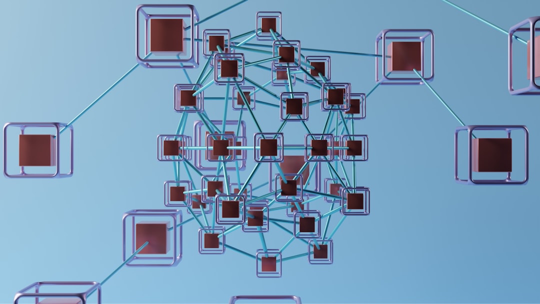Interconnected network of nodes representing internal linking structure and website architecture for SEO