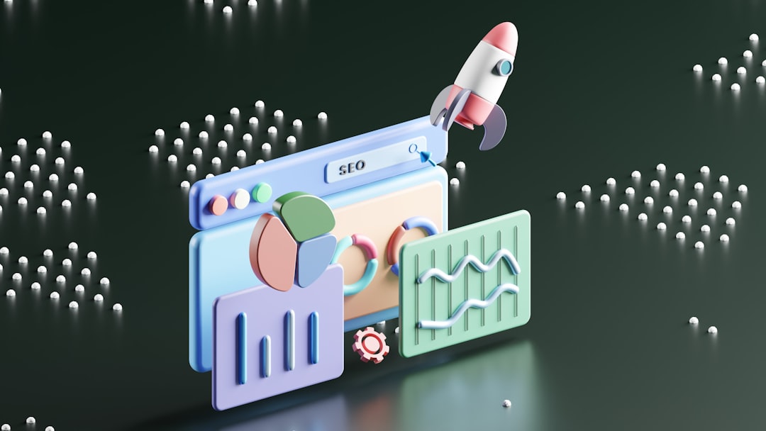 3D illustration of SEO concept with browser window, rocket launch, analytics charts and gear icons representing search engine ranking techniques