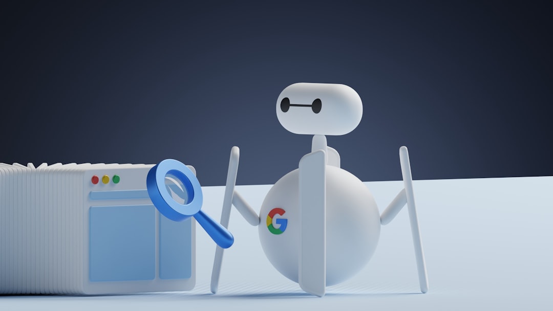 Google search bot robot holding a magnifying glass next to a web page, representing search engine crawling and indexing